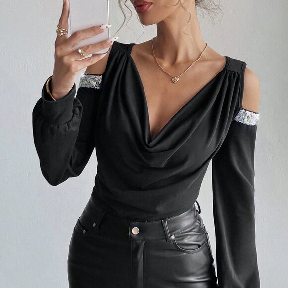 Black Elegant Women's Off-The-Shoulder Party T-Shirt - Picture 3 of 8